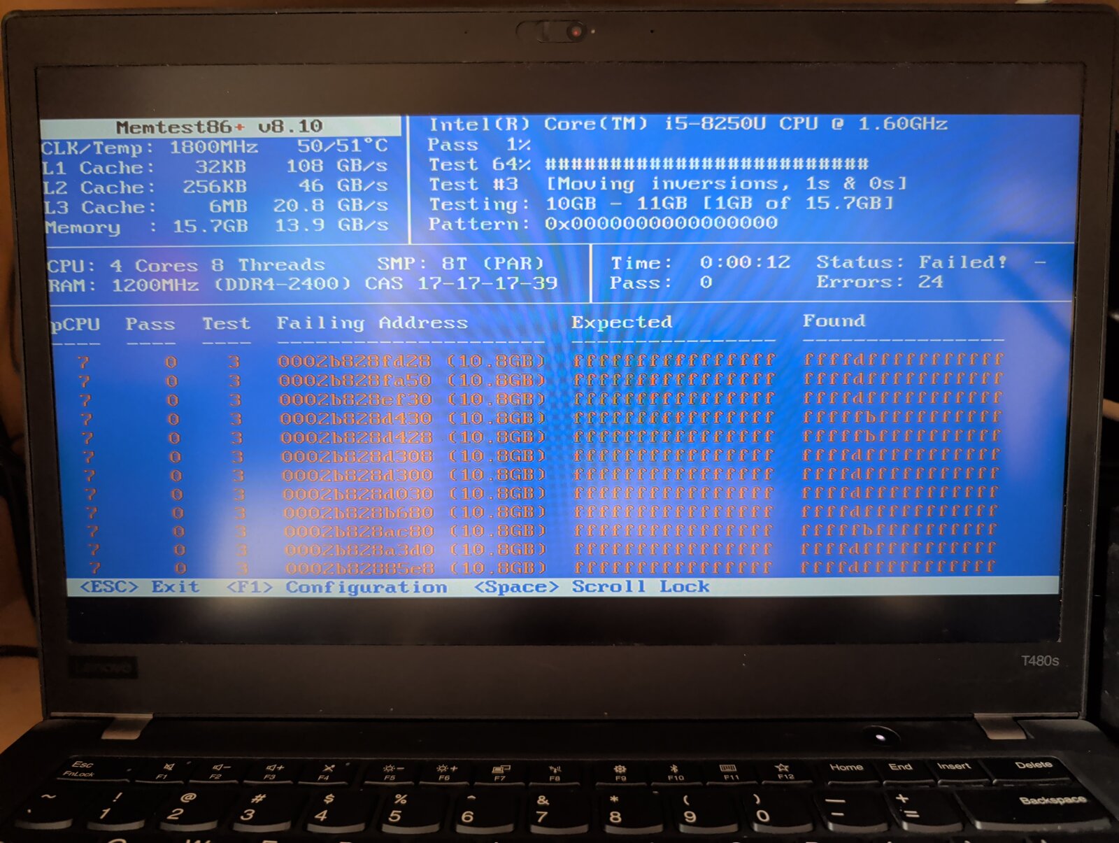 Memtest86+ reporting 24 errors after 12 seconds, all at addresses around 10.8GB