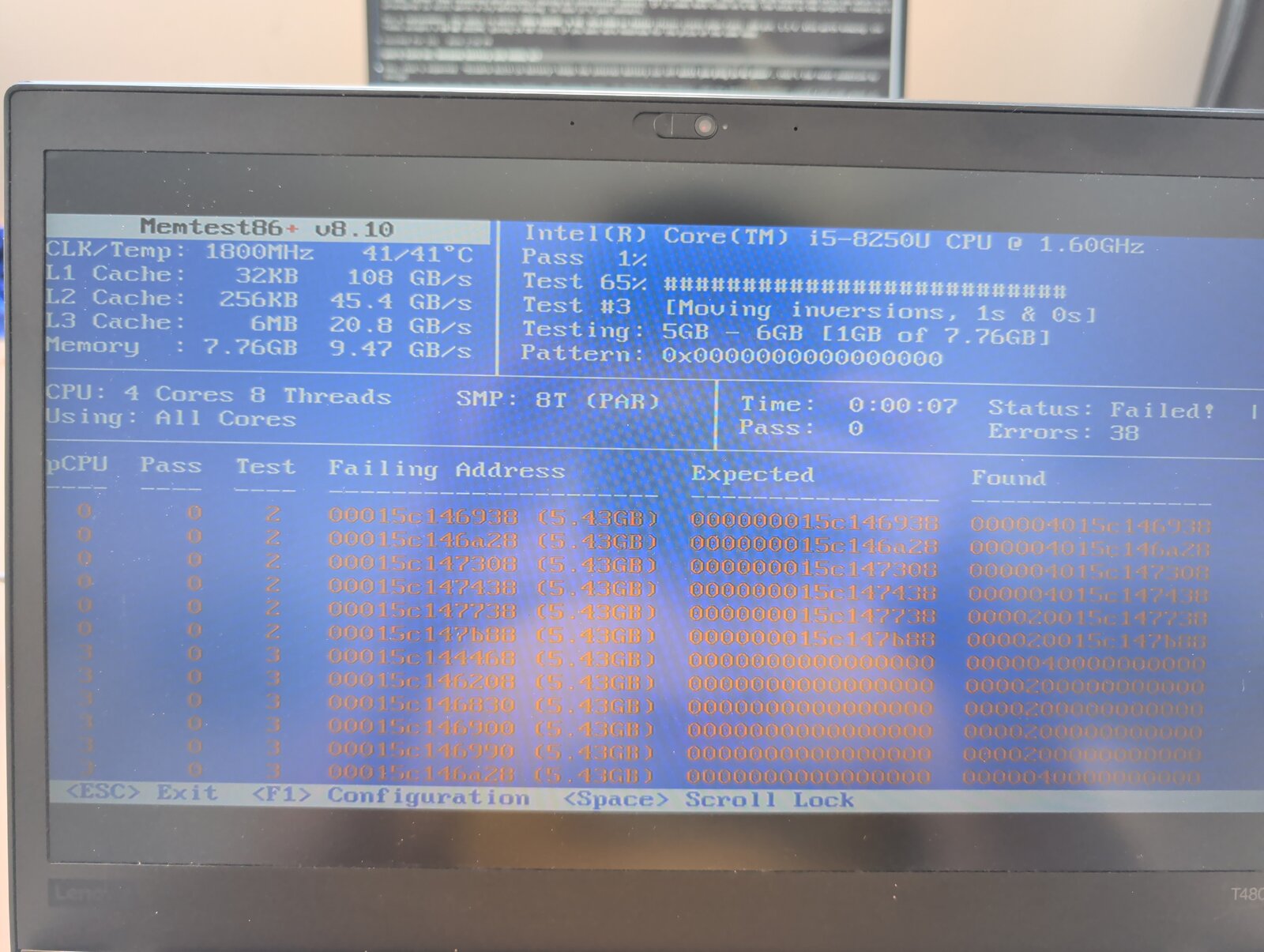 Memtest86+ with only 7.76GB of RAM installed, failing again with 38 errors