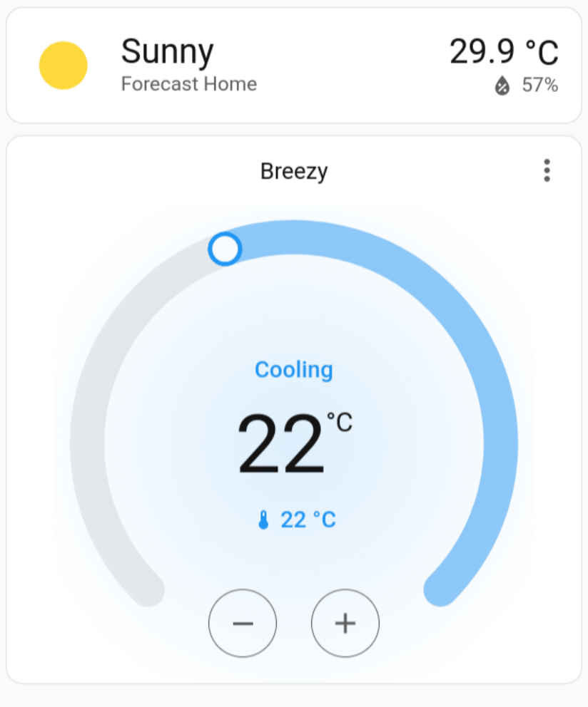 Home Assistant: 29.9°C outside, 22°C inside, Cooling