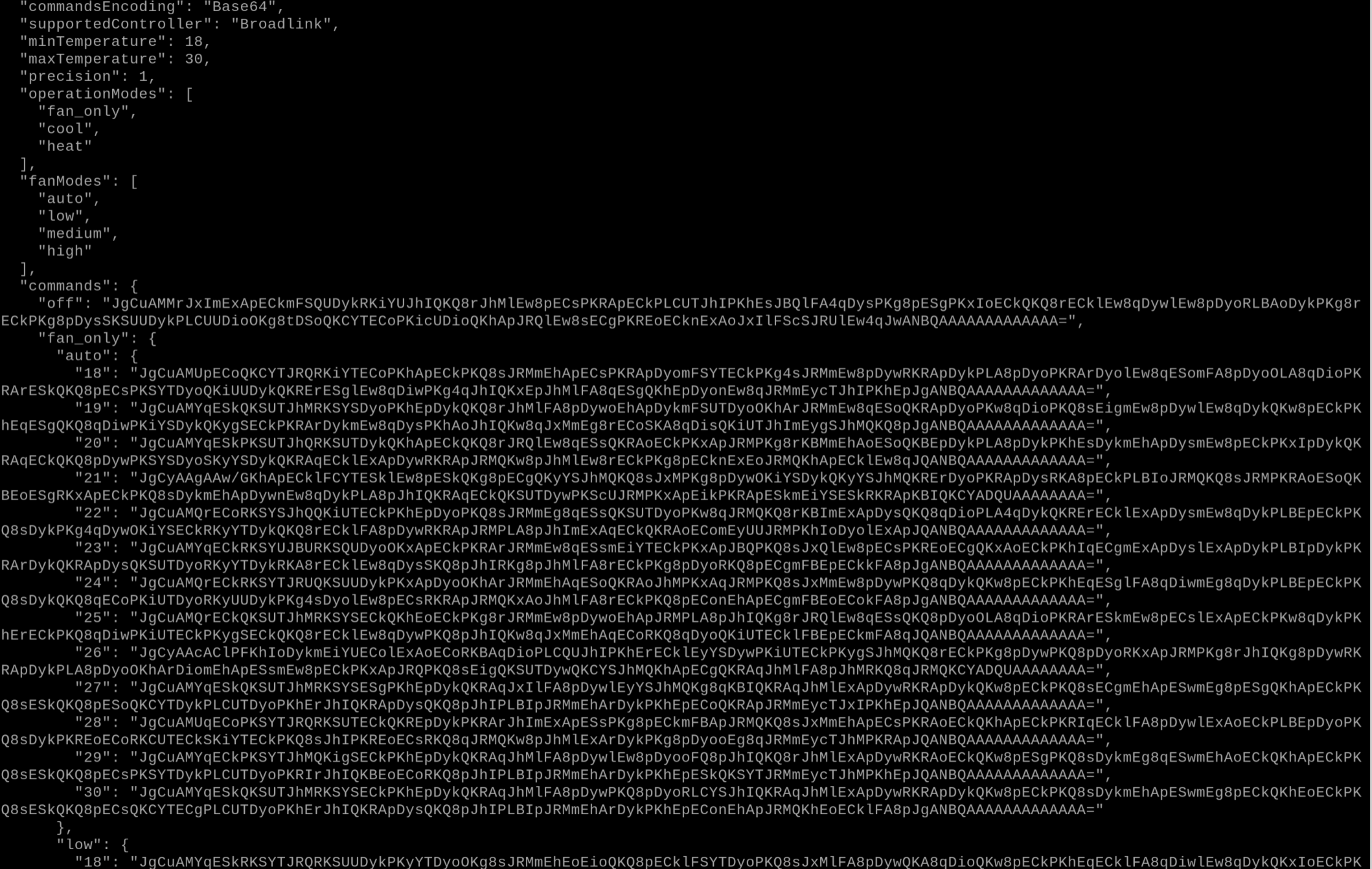 The old IR code matrix - a Base64 blast for every {mode, fan, temp} combination