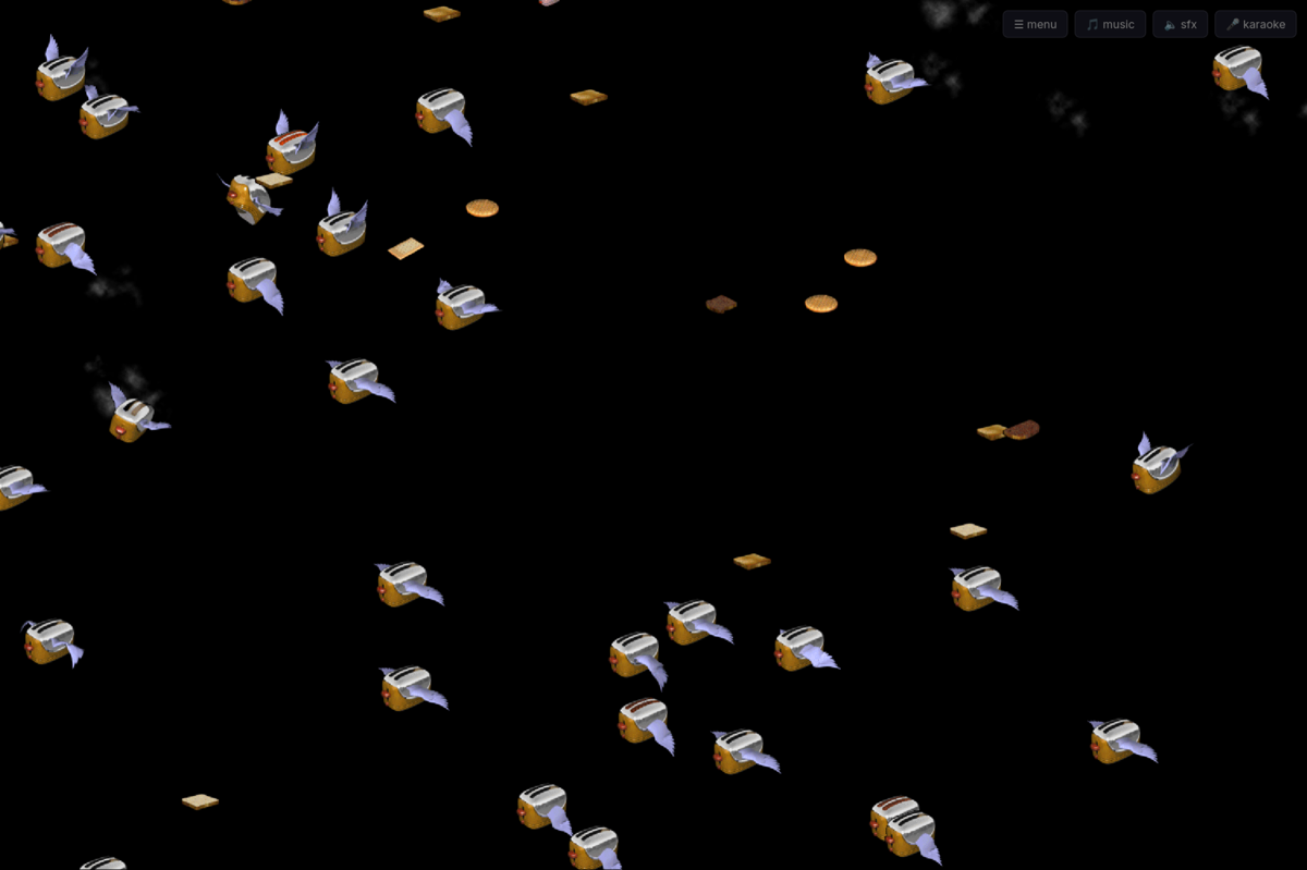 Flying toasters and toast on a black background